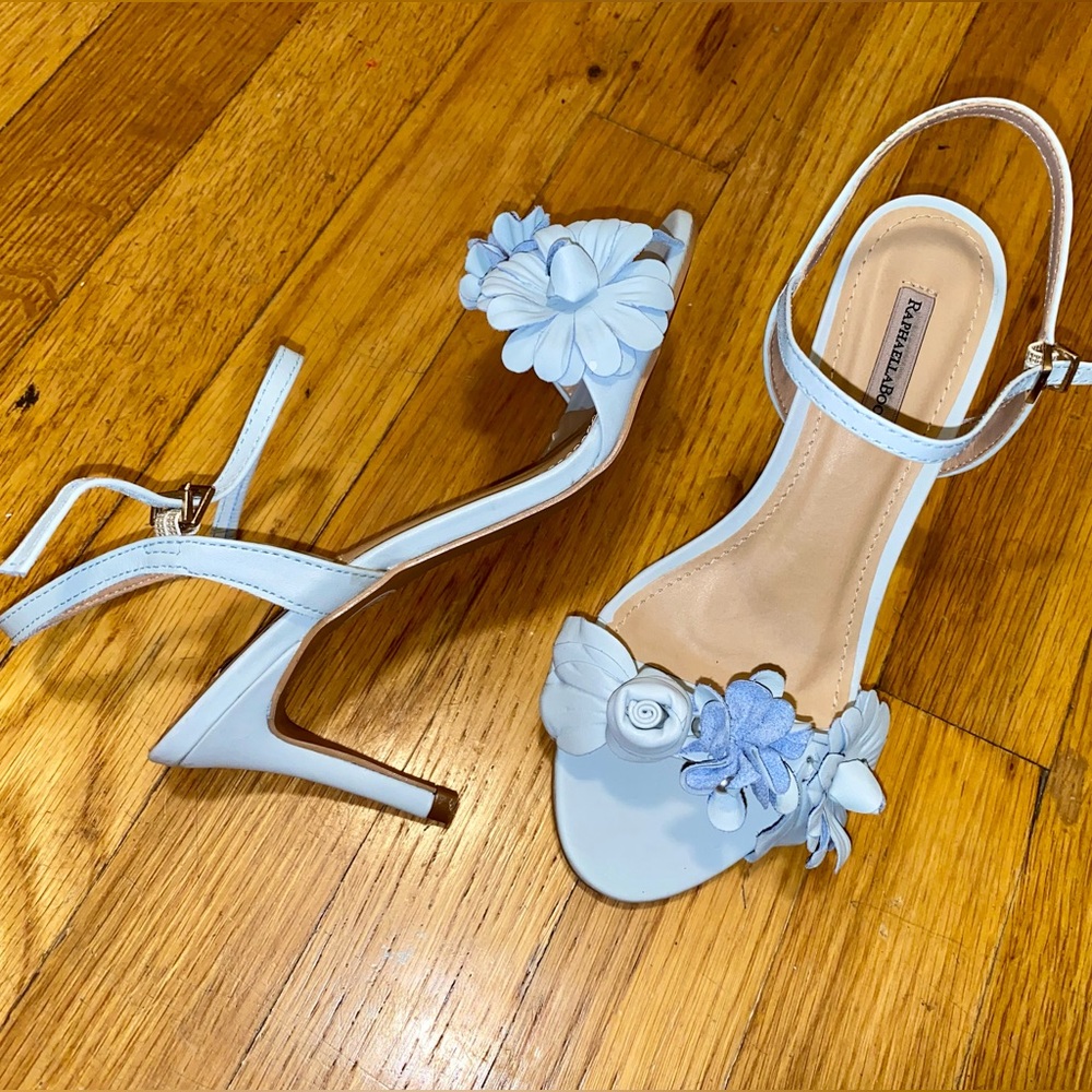 Raphaella Booz Floral Appliqué Stiletto Sandal - Blue, size 5